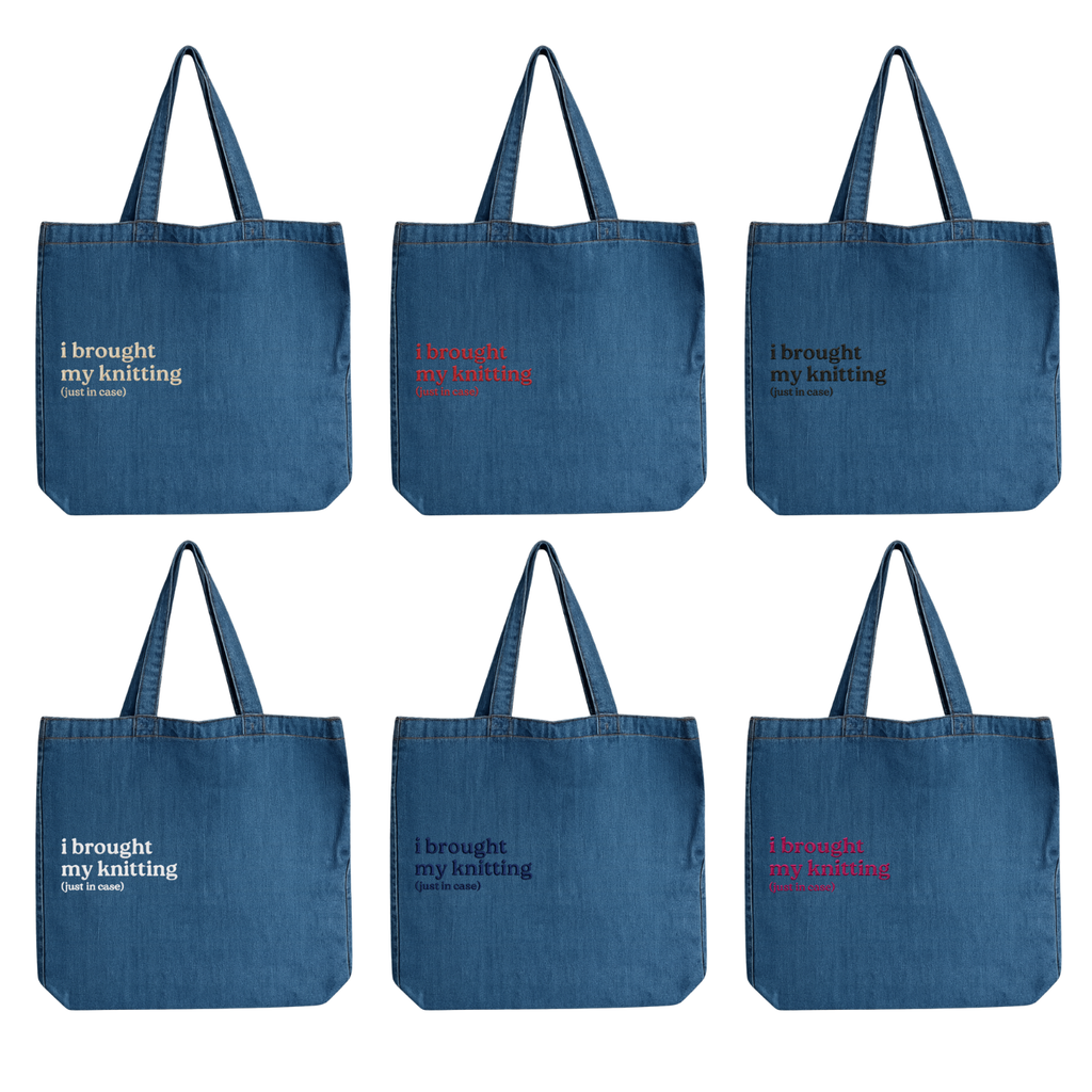Six blue tote bags with text on a white background