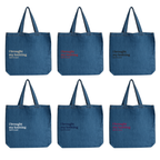 Six blue tote bags with text on a white background