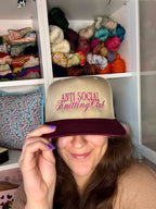 Anti Social Knitting Club – Khaki/Burgundy Structured Hat – Dark Pink Embroidery | Maker Favorite