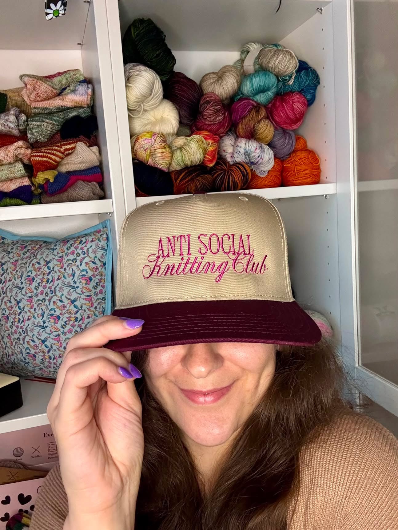 Anti Social Knitting Club – Khaki/Burgundy Structured Hat – Dark Pink Embroidery | Maker Favorite