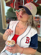 Knit Sox – Khaki & Navy Split Crown Hat – Red + White Puff Embroidery | TIMI