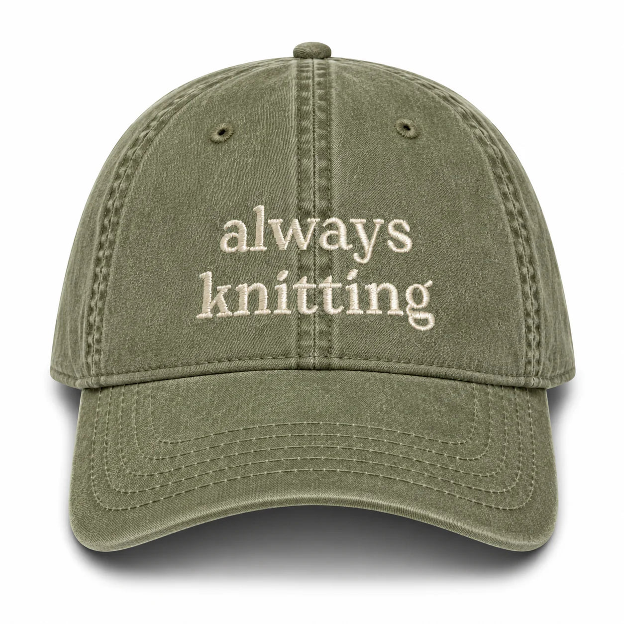 Always Knitting – Olive Green Hat – Taupe Embroidery | Maker Favorite