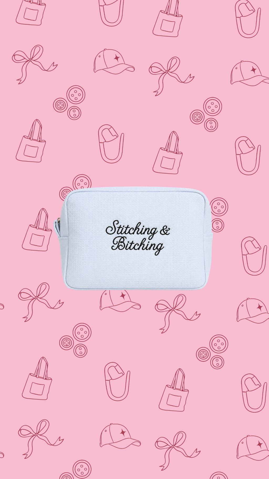 Stitching & Bitching – Baby Blue Waffle Project Pouch – Black Embroidery | Maker Favorite