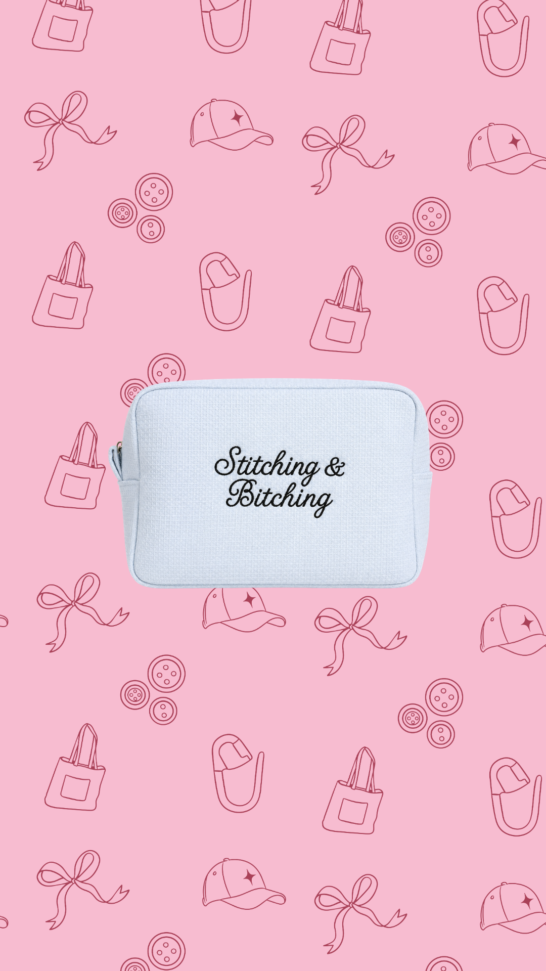 Stitching & Bitching – Baby Blue Waffle Project Pouch – Black Embroidery | Maker Favorite
