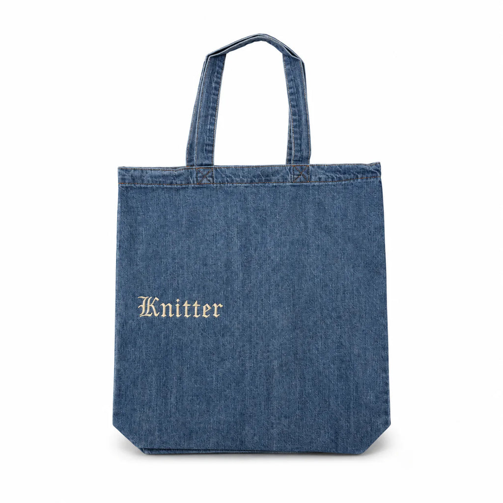 Make(r) Your Own | Medium Denim Tote Bag | Embroidered Knitting Project Tote