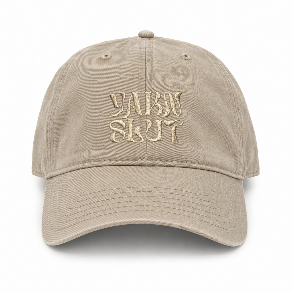 Dark khaki hat with taupe tonal Yarn Slut embroidery