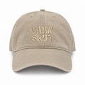 Dark khaki hat with taupe tonal Yarn Slut embroidery