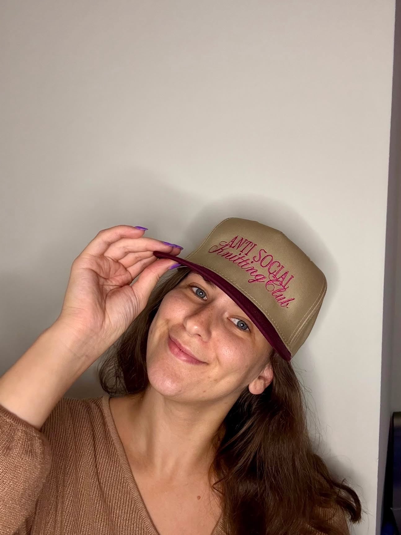 Anti Social Knitting Club – Khaki/Burgundy Structured Hat – Dark Pink Embroidery | Maker Favorite