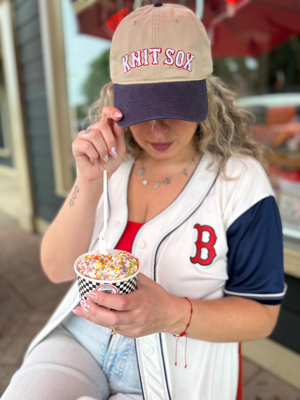 Knit Sox – Khaki & Navy Split Crown Hat – Red + White Puff Embroidery | TIMI