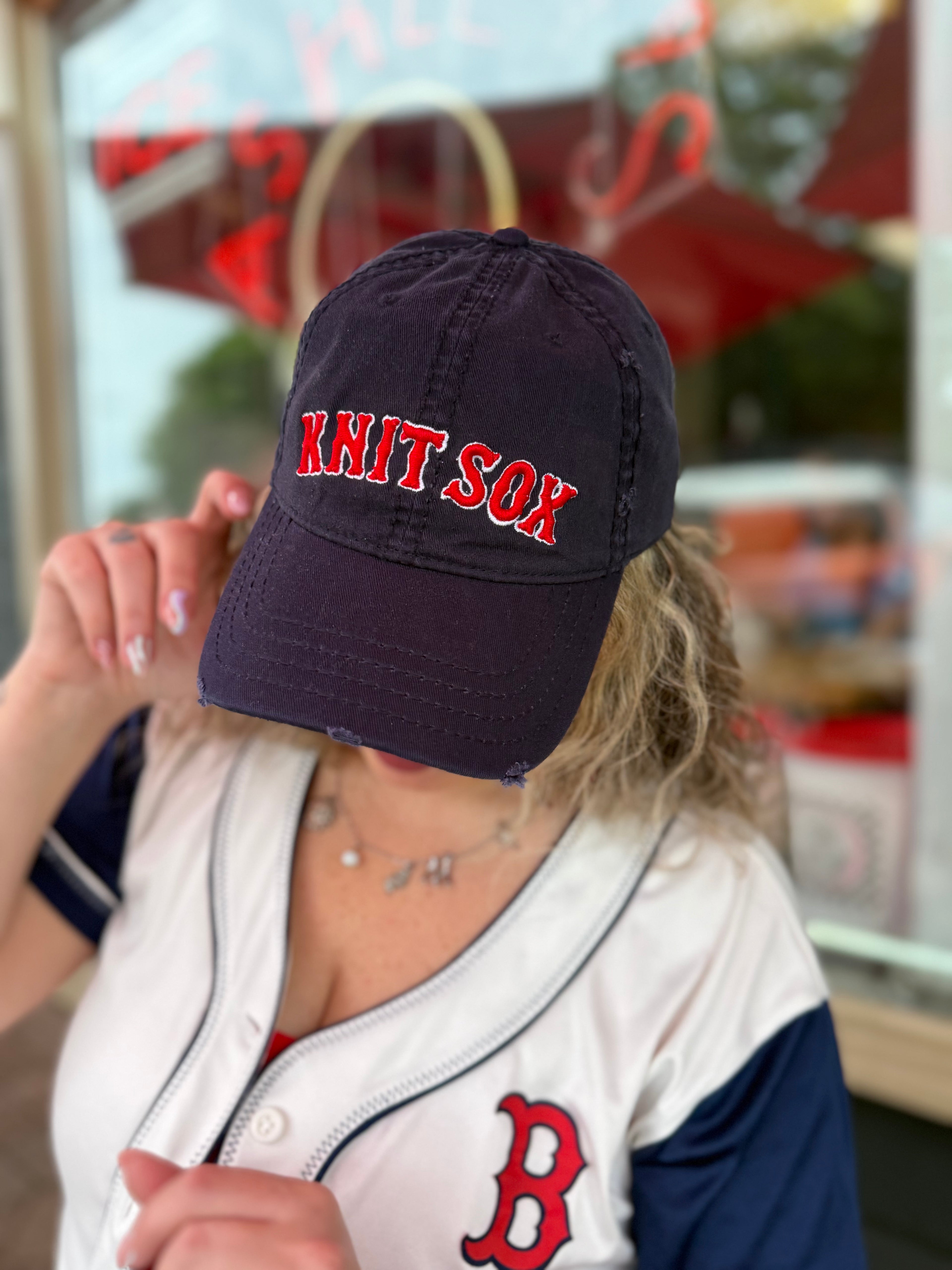 Knit Sox – Navy Distressed Hat – Red Puff + White Embroidery | Maker Favorite