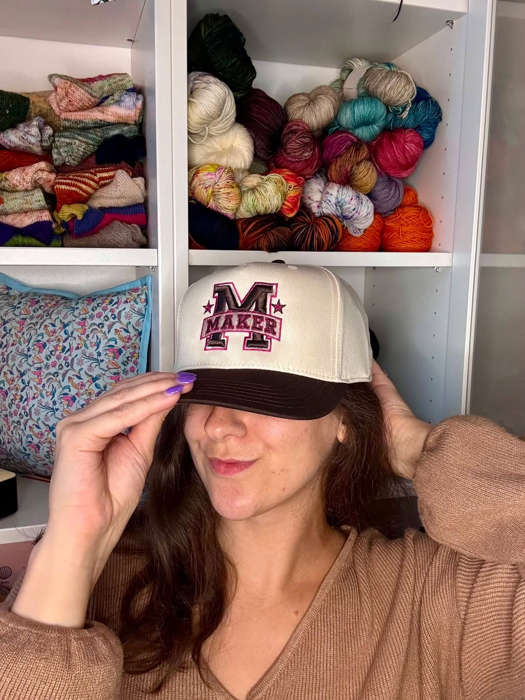 Maker – Cream/Brown Structured Hat – Brown + Dark Pink 3D Puff Embroidery | Maker Favorite