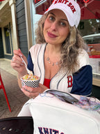 Knit Sox – White Dad Hat – Red Puff + Navy Embroidery | Maker Favorite