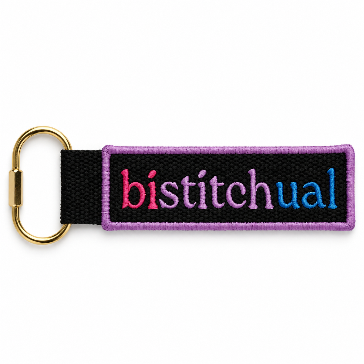 Bistitchual Black Bag Tag with pink, purple + blue embroidery