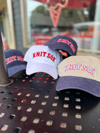 Knit Sox – Khaki & Navy Split Crown Hat – Red + White Puff Embroidery | TIMI