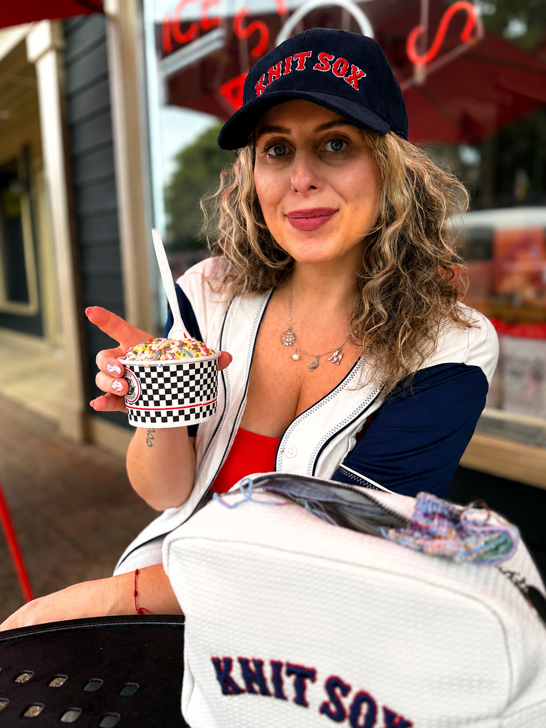Knit Sox – Navy Corduroy Hat – Red + White Puff Embroidery | Maker Favorite