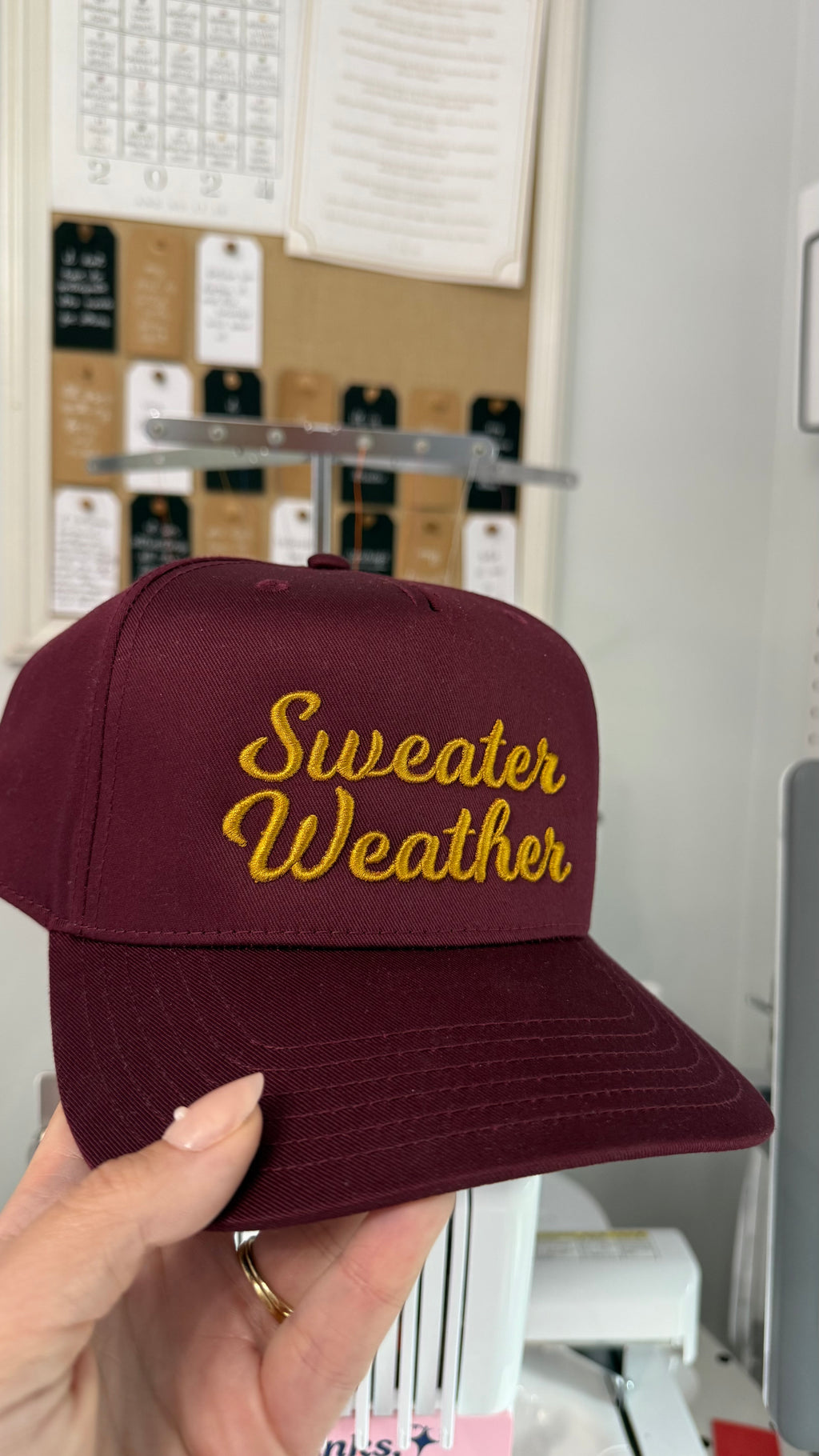 Sweater Weather – Burgundy Structured Hat – Old Gold 3D Puff Embroidery | TIMI