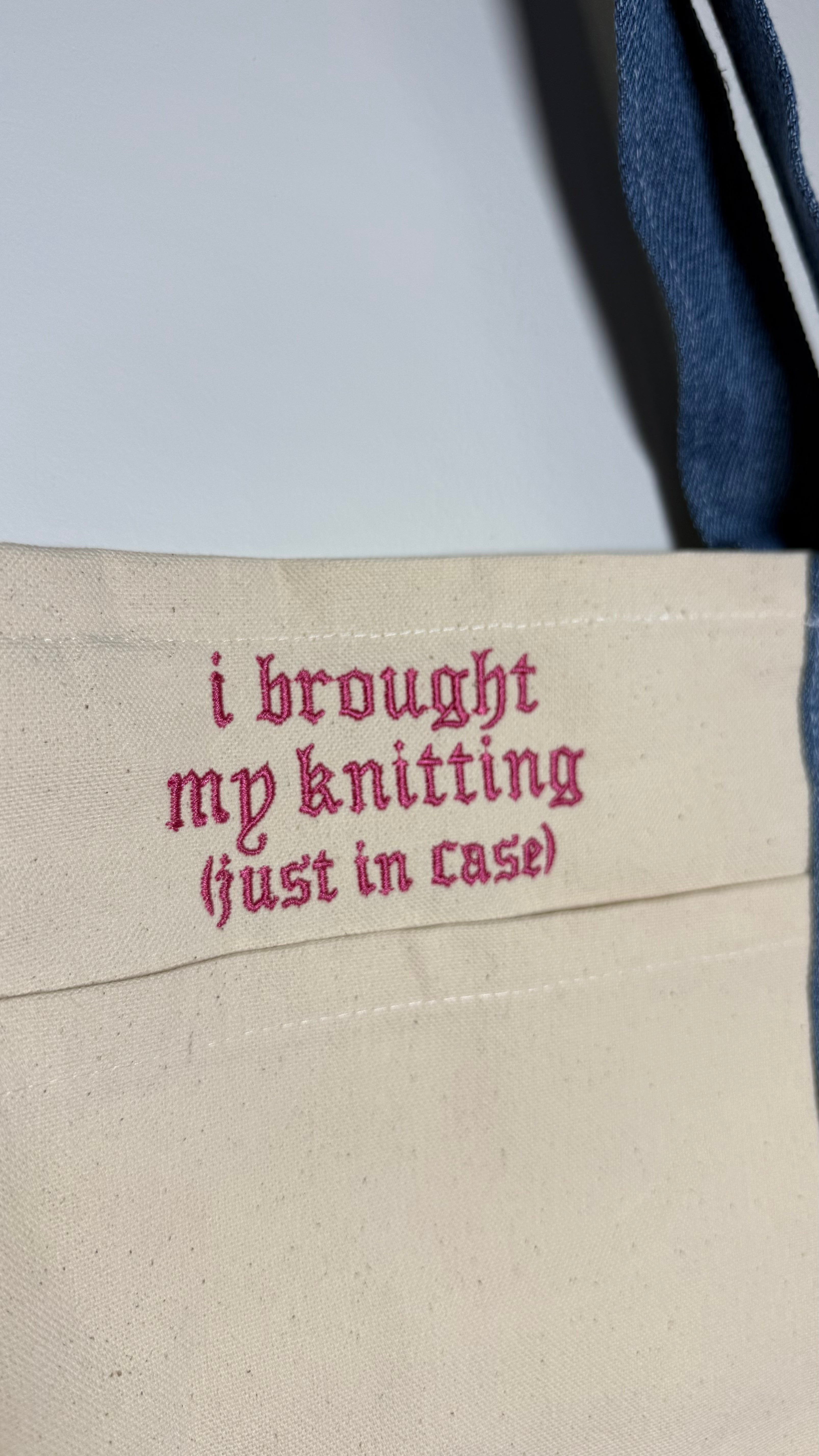 Make(r) Your Own | XL Denim/Canvas Pocket Tote Bag | Custom Embroidered Knitting Project Tote