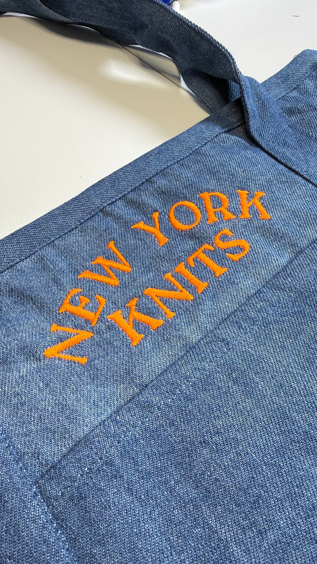 New York Knits – Denim Tote Bag with Pockets – Orange Embroidery | Maker Favorite
