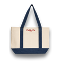 Navy and beige tote bag with 'Hobbs' branding on a white background
