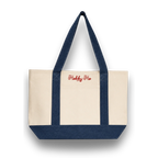 Navy and beige tote bag with 'Hobbs' branding on a white background