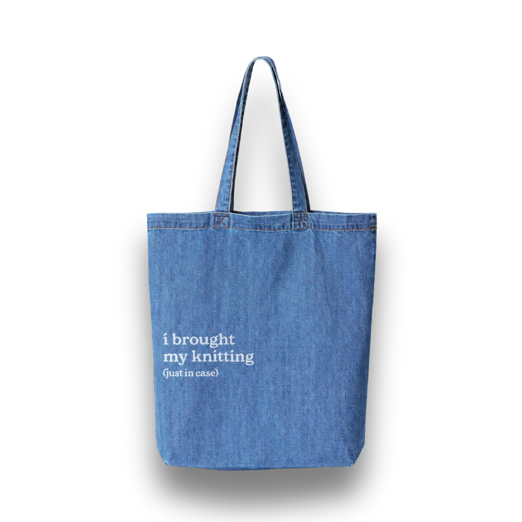 I Brought My Knitting - Denim Tote – White Embroidery | TIMI