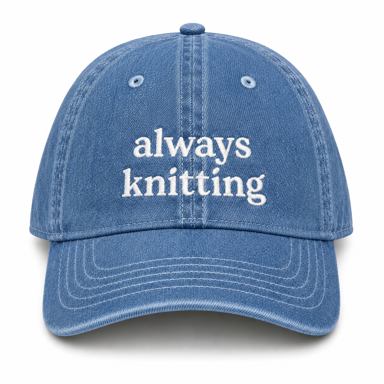 Always Knitting - Medium Denim Embroidered Hat – White Embroidery | Maker Favorite