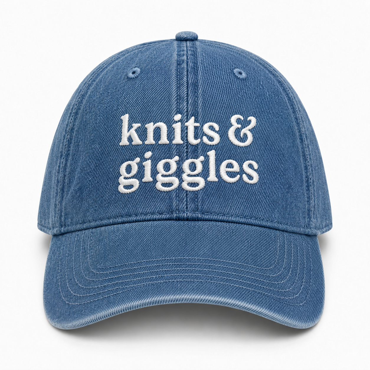 Knits & Giggles – Medium Denim Hat – White Embroidery | Maker Favorite