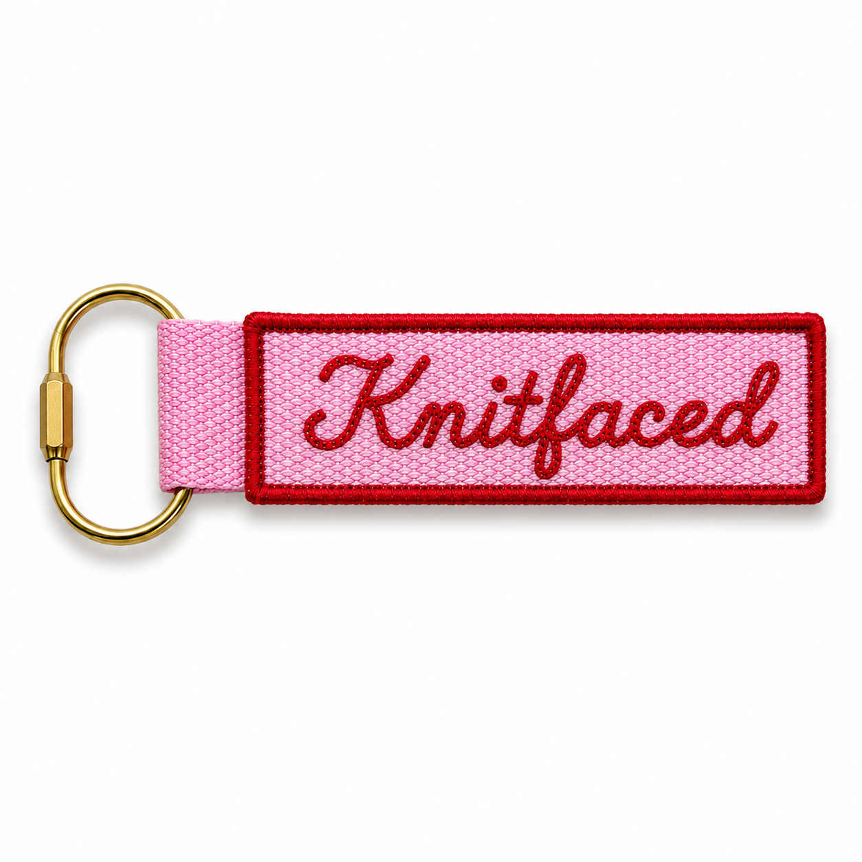 Knitfaced – Pink Bag Charm – Red Chain Stitch Embroidery | Maker Favorite