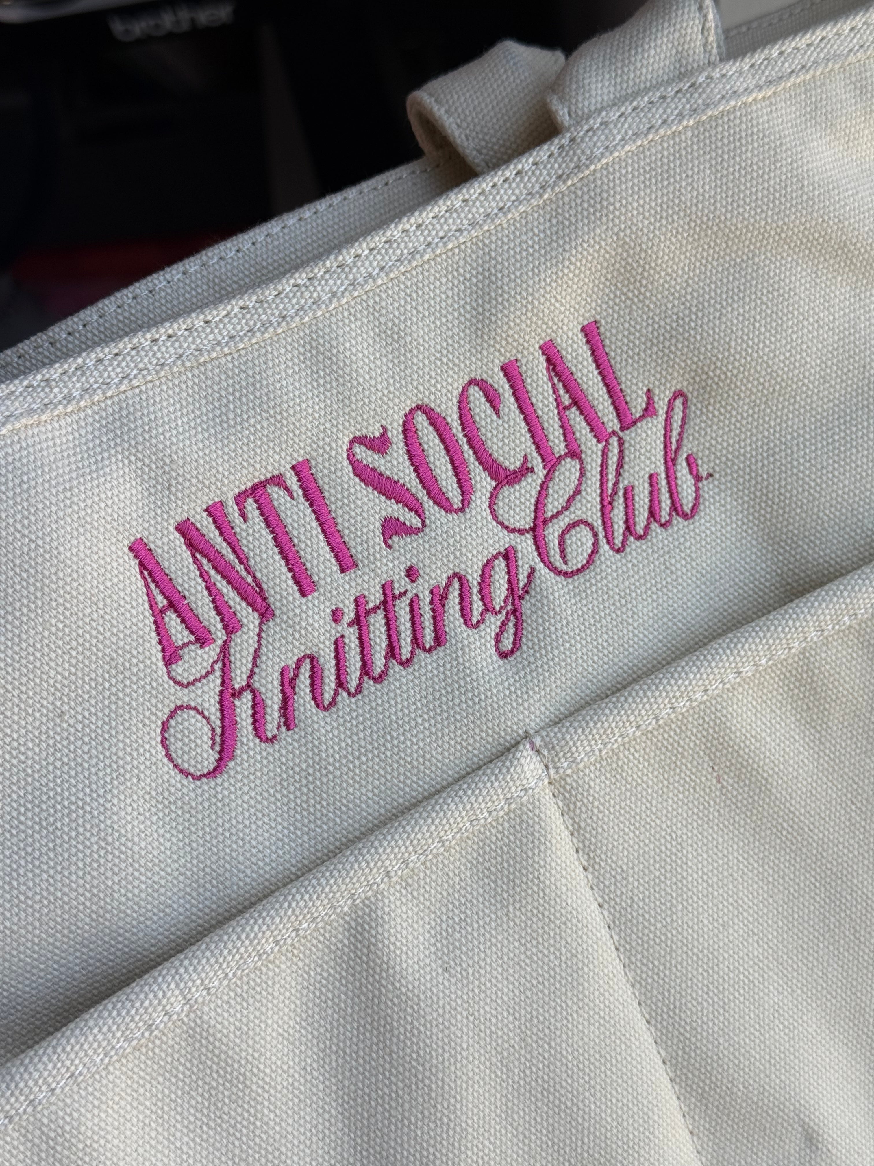 Anti Social Knitting Club Canvas TIMI Tote – Bright Pink Embroidery