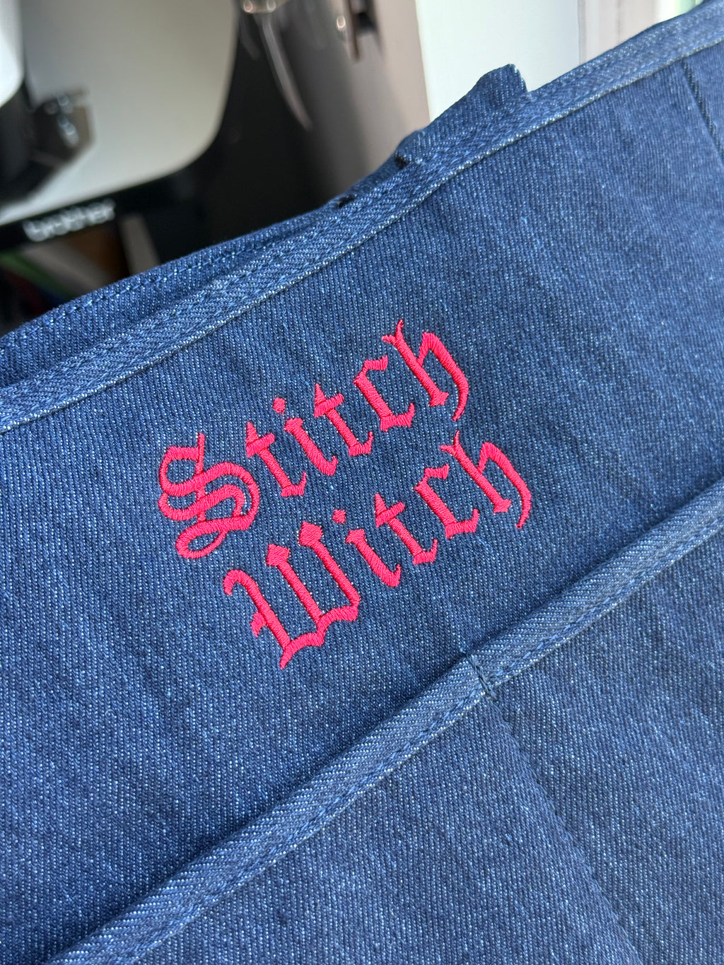Stitch Witch Dark Denim TIMI Tote – Red Gothic Embroidery