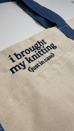 I Brought My Knitting - Denim/Natural Pocket Tote – Navy Embroidery | Maker Favorite