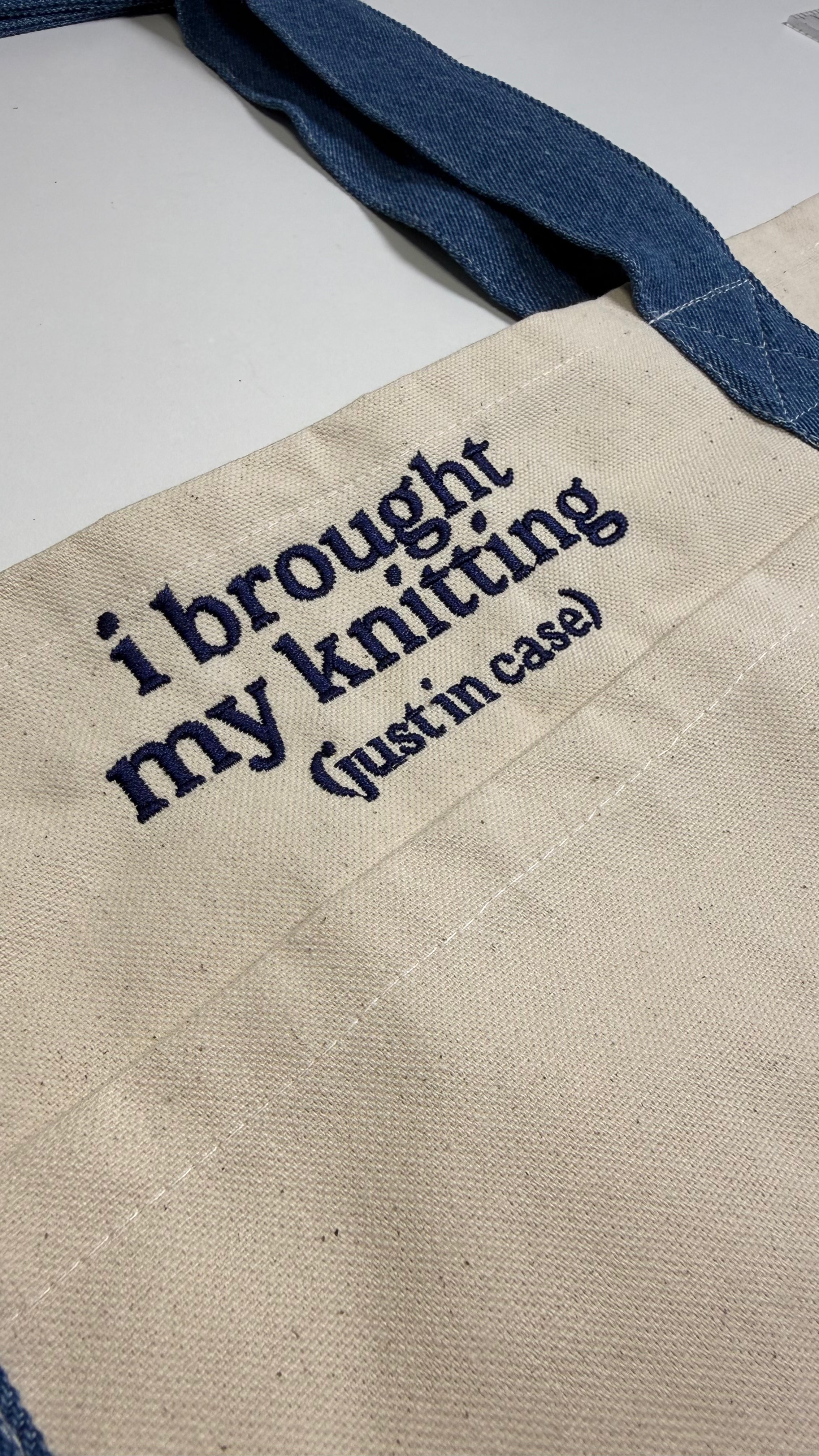 I Brought My Knitting - Denim/Natural Pocket Tote – Navy Embroidery | Maker Favorite