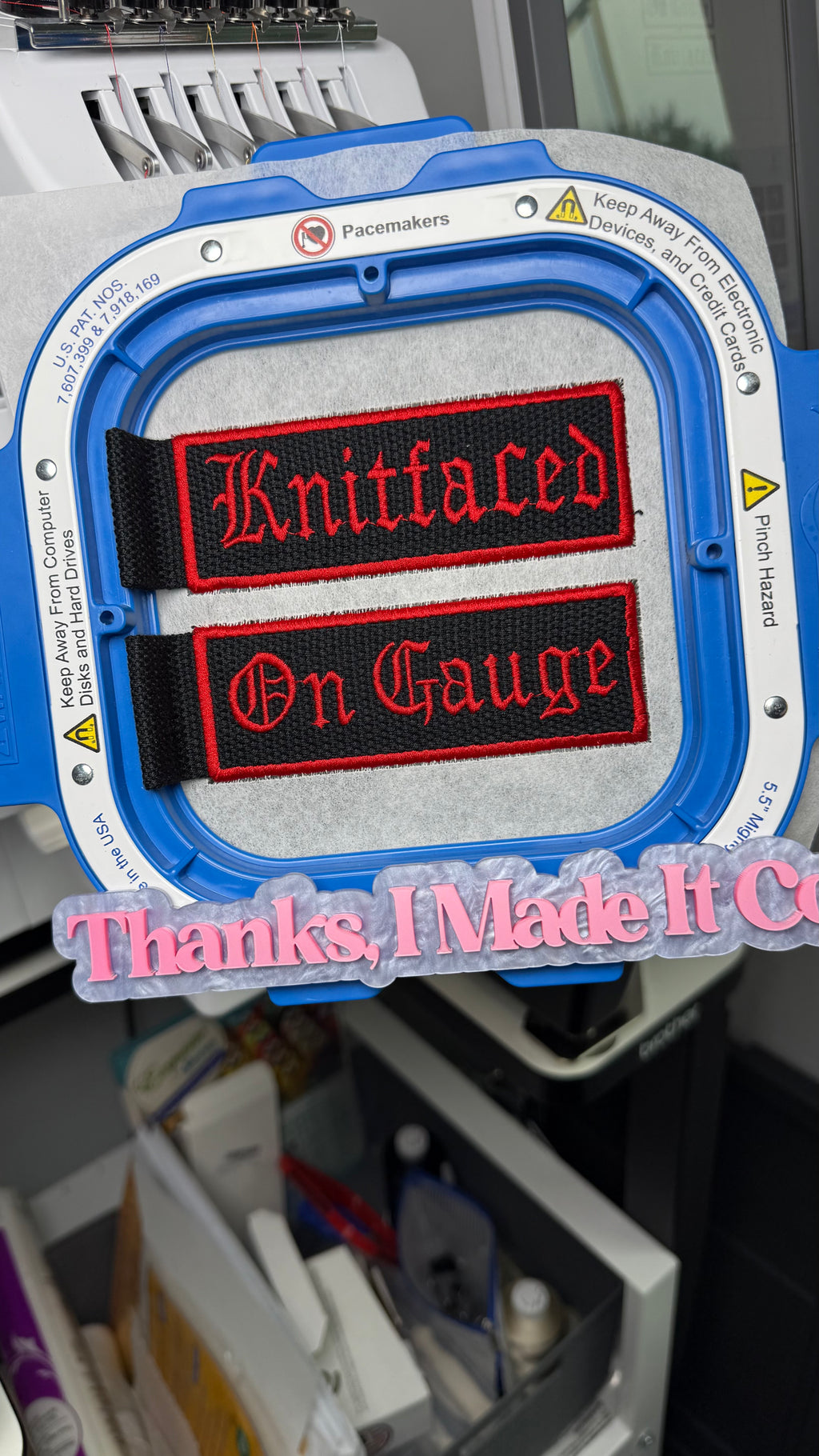Textile machine with embroidered text 'Knitted on Gauge' and 'Thanks, I Made It Count'.