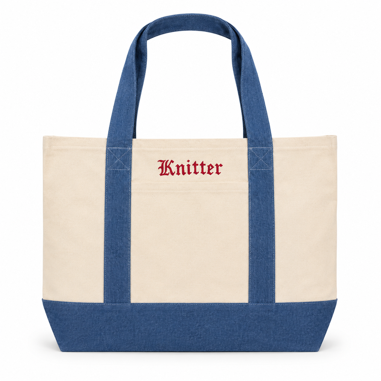 Knitter - Denim/Natural Pocket Tote – Red Embroidery | TIMI