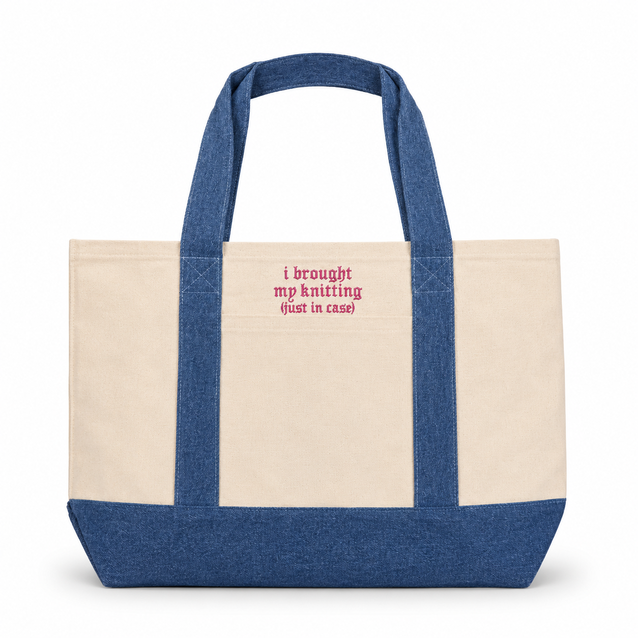 I Brought My Knitting - Denim/Natural Pocket Tote – Pink Embroidery | TIMI