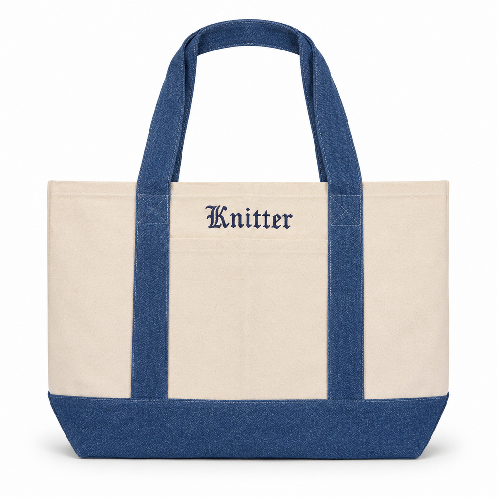 Knitter - Denim/Natural Pocket Tote – Navy Embroidery | TIMI
