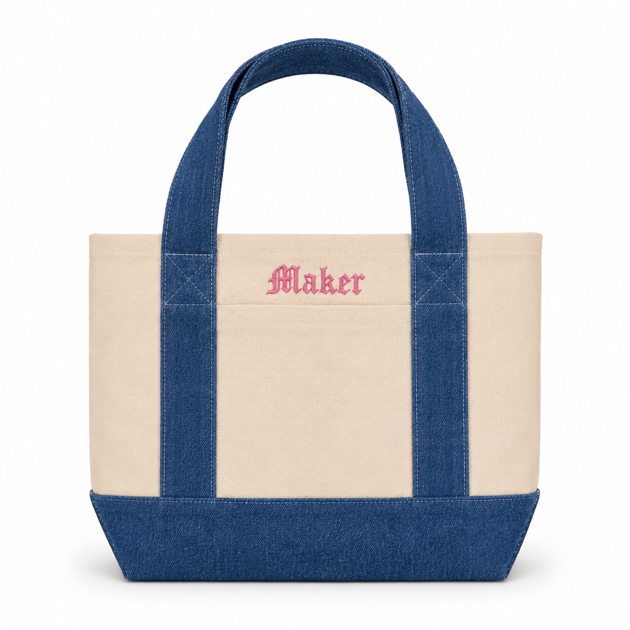 Maker - Mini Denim/Natural Pocket Tote – Pink Embroidery | TIMI