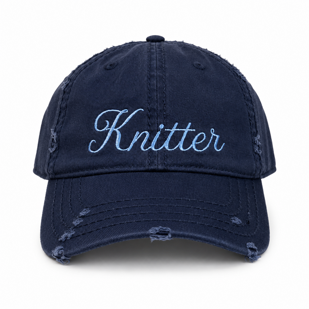 Knitter – Distressed Navy Hat – Baby Blue Embroidery | Maker Favorite