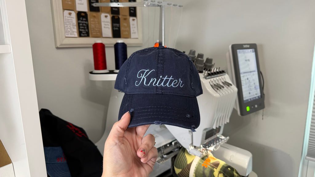 Knitter – Distressed Navy Hat – Baby Blue Embroidery | Maker Favorite