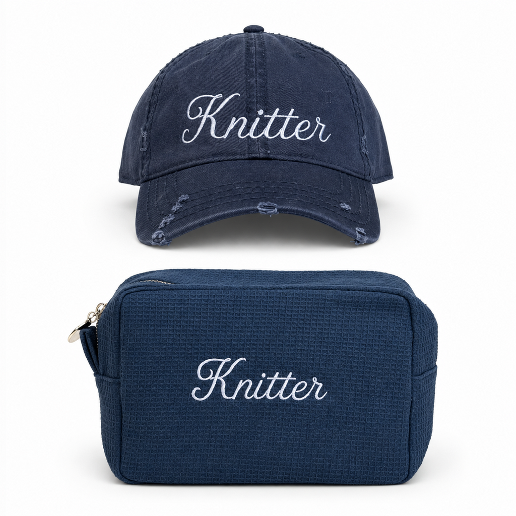 Knitter – Distressed Navy Hat – Baby Blue Embroidery | Maker Favorite