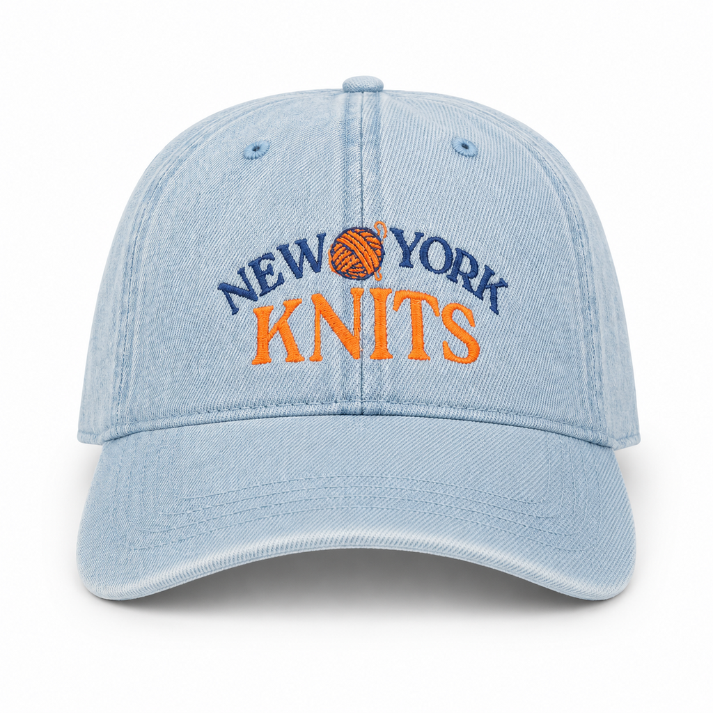 New York Knits – Light Wash Denim Hat – Blue + Orange Embroidery
