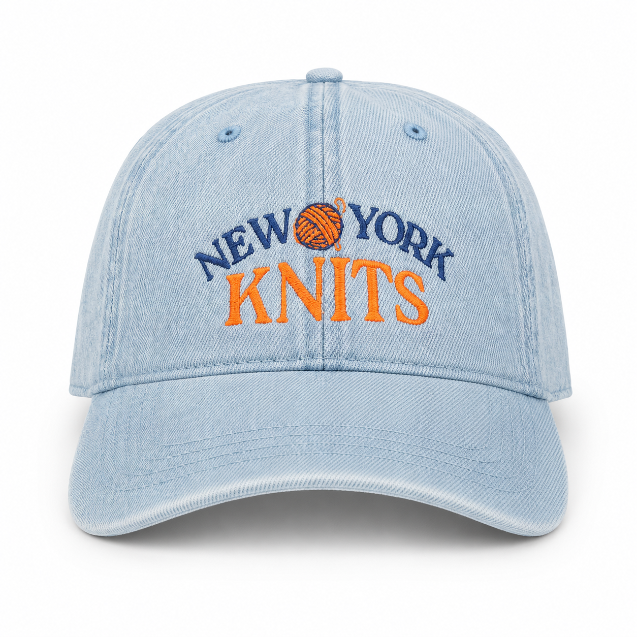 New York Knits – Light Wash Denim Hat – Blue + Orange Embroidery