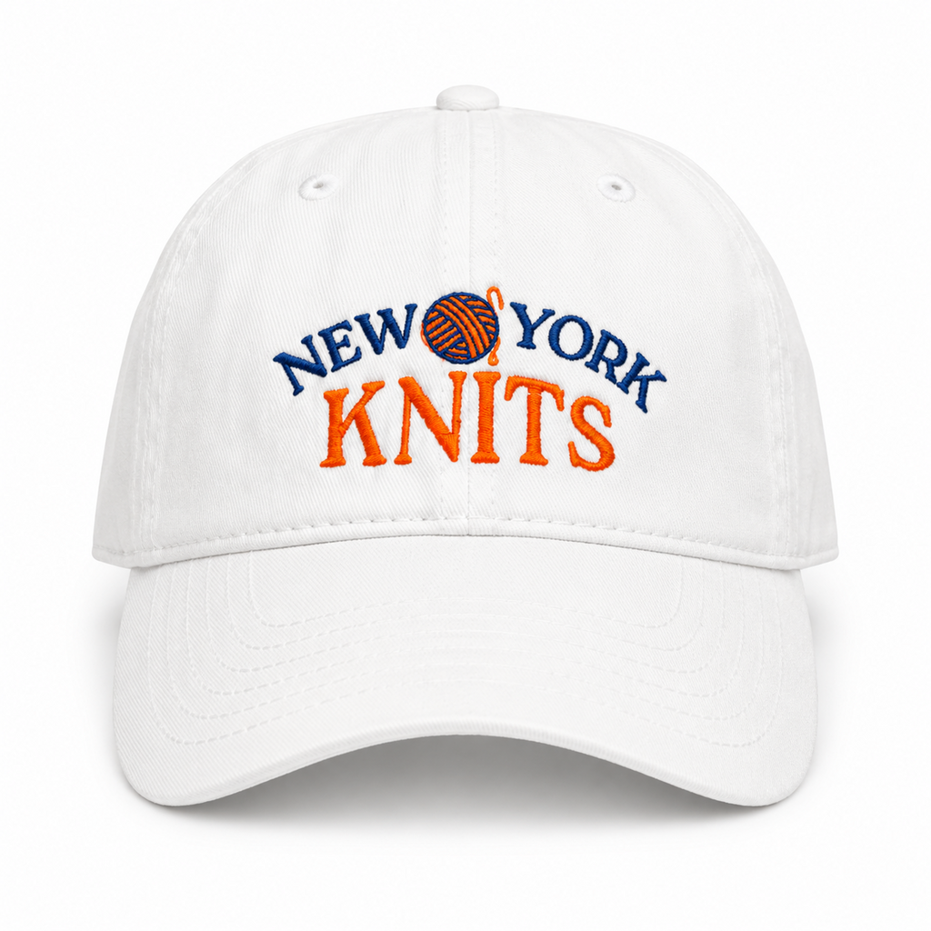 New York Knits – White Cotton Dad Hat – Blue + Orange Embroidery