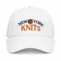 New York Knits – White Cotton Dad Hat – Blue + Orange Embroidery