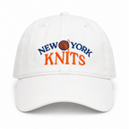 New York Knits – White Cotton Dad Hat – Blue + Orange Embroidery