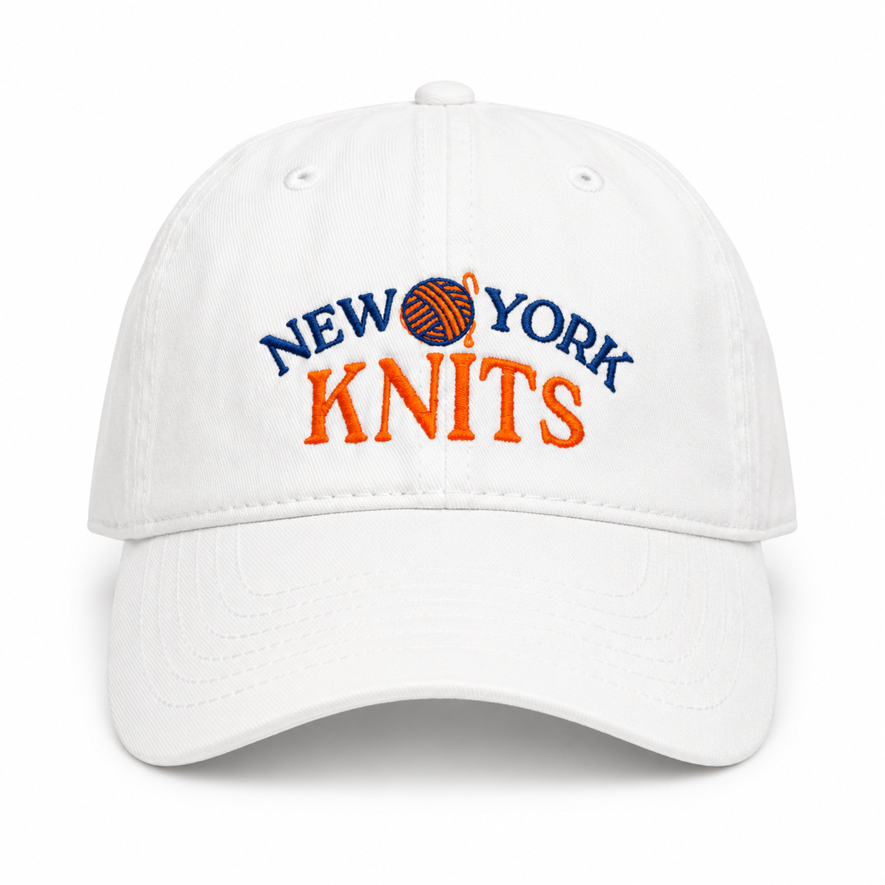 New York Knits – White Cotton Dad Hat – Blue + Orange Embroidery