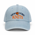 New York Knits – Light Wash Denim Hat – Navy + Orange Embroidery | Mis-Stitched