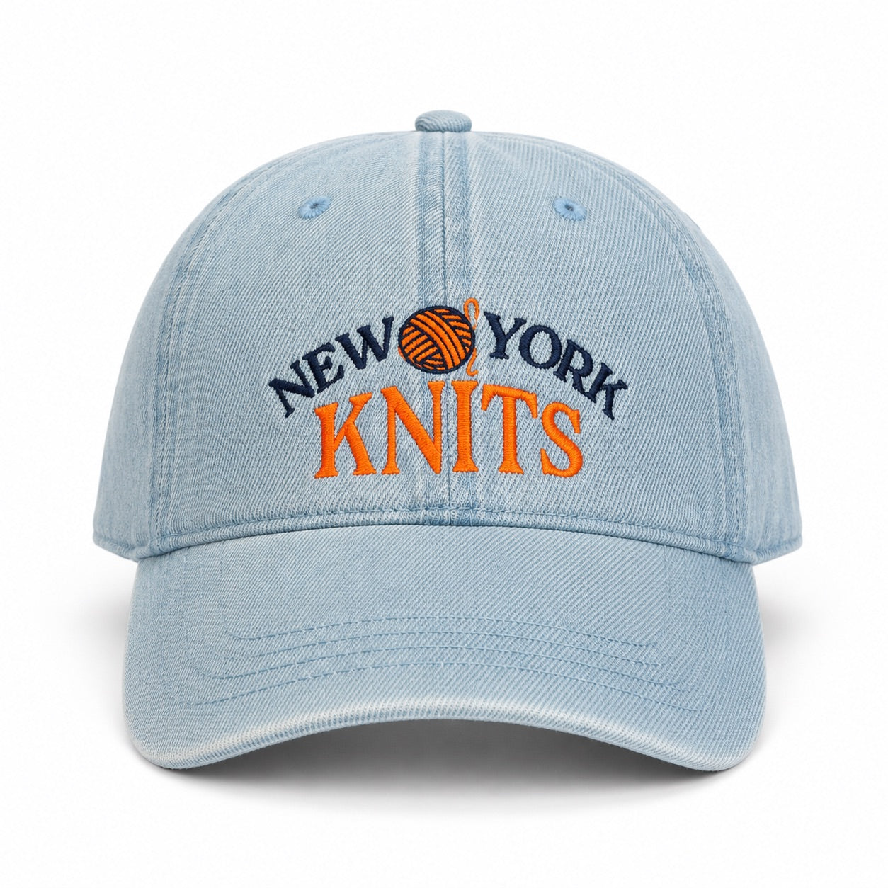 New York Knits – Light Wash Denim Hat – Navy + Orange Embroidery | Mis-Stitched