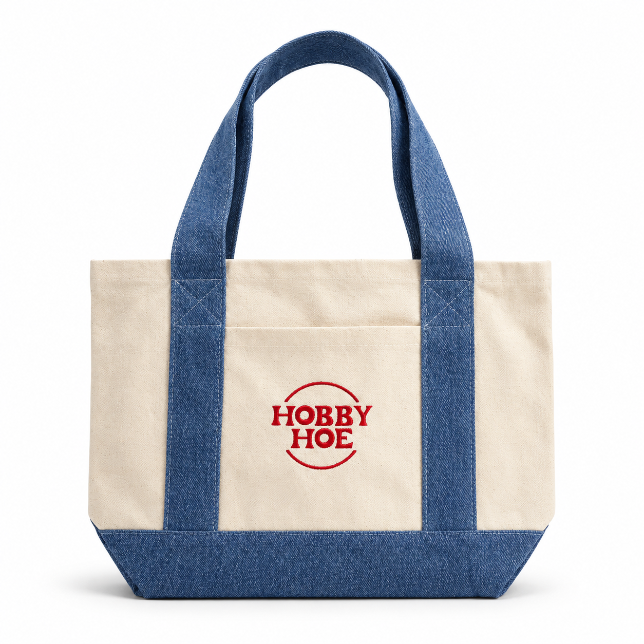 Hobby Hoe – Mini Denim/Natural Pocket Tote – Red Embroidery | TIMI
