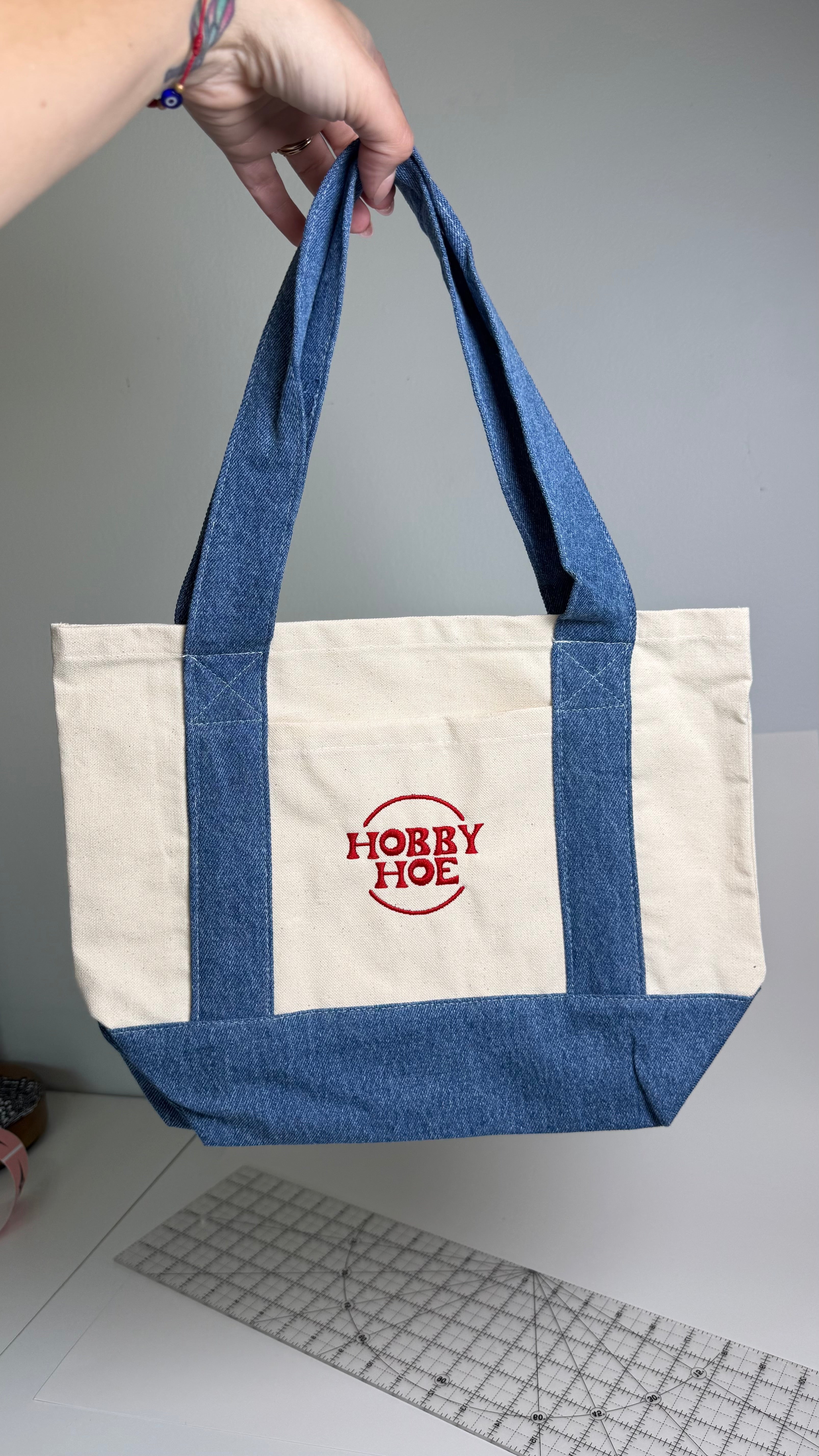 Hobby Hoe – Mini Denim/Natural Pocket Tote – Red Embroidery | TIMI
